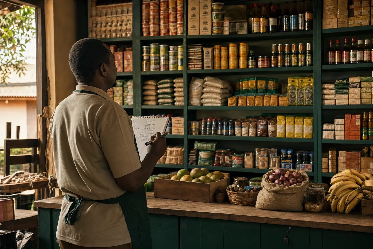 A shop owner checking organized inventory in a neighborhood store