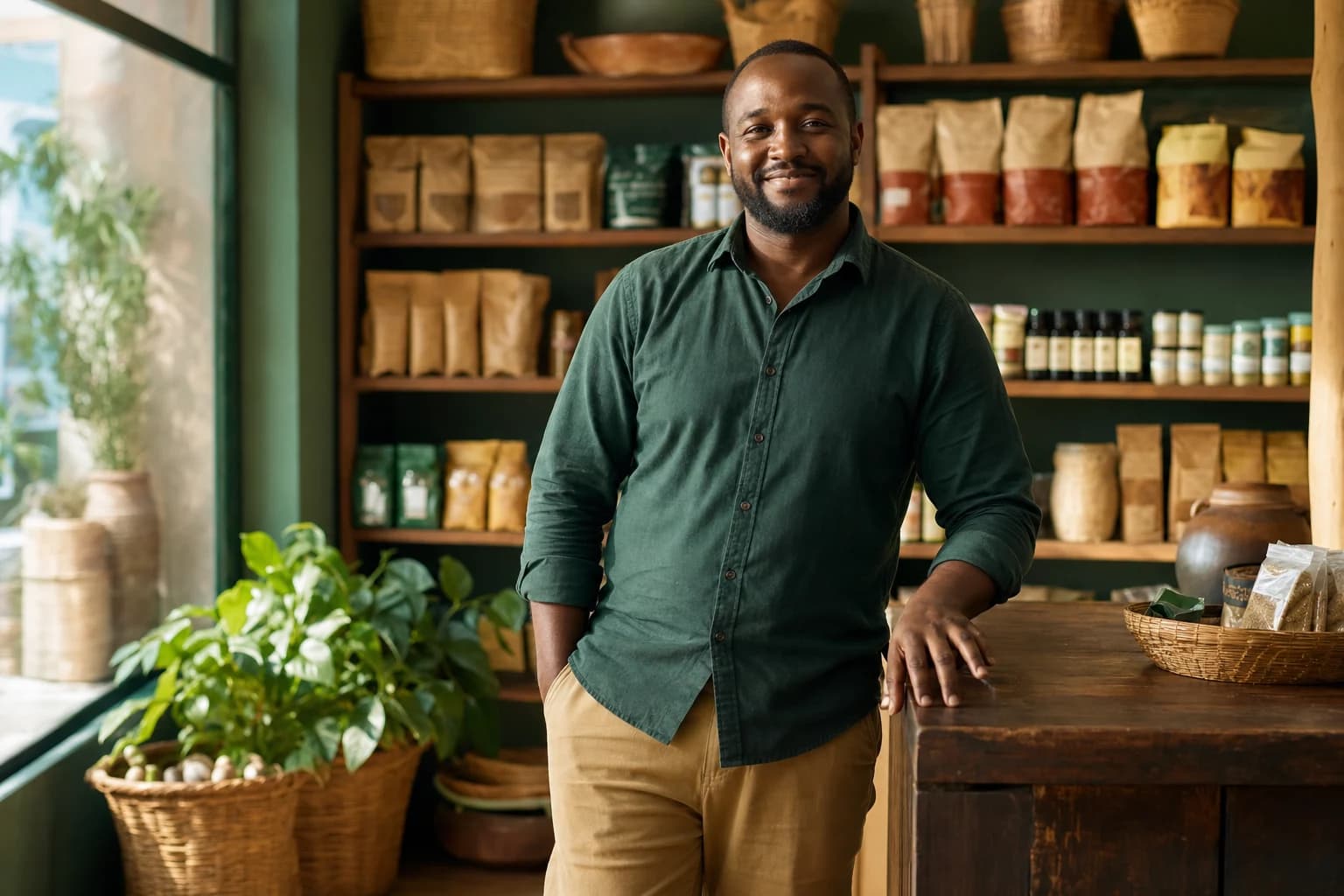 A retailer standing beside organized shelves in a neighborhood shop