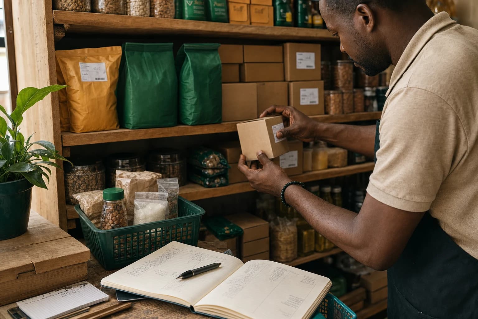 Hands checking products and notes on a store shelf
